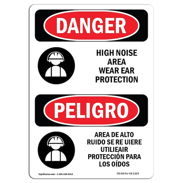 OSHA, High Noise Area Ear Protection Bilingual, 18in X 12in Rigid Plastic, 12" W, 18" H, Spanish